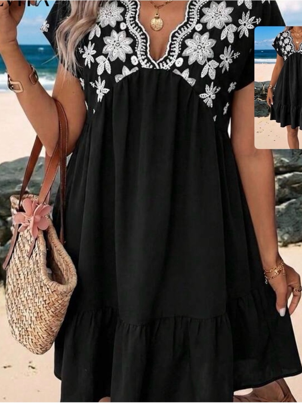 Black Embroidered V-Neck Flowy Dress